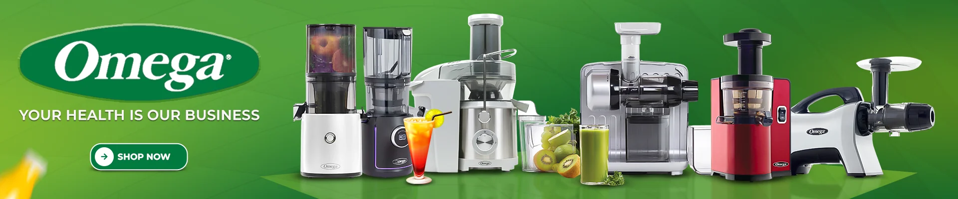 Omega Juicers banner featuring drink dispensers, blenders, slushy machines, and mixers with colorful beverages on a green background and brand logo.